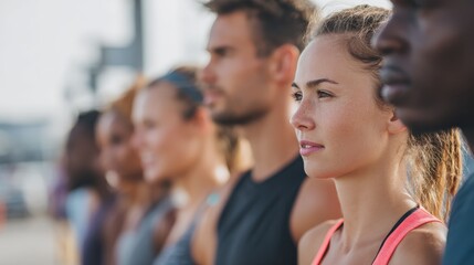 Group of diverse young friends lining up for a run inside a large commercial parking lot in a health and fitness concept, no logos, no brands