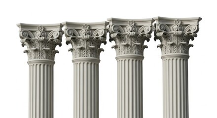 Four ornate classical corinthian columns isolated on white background