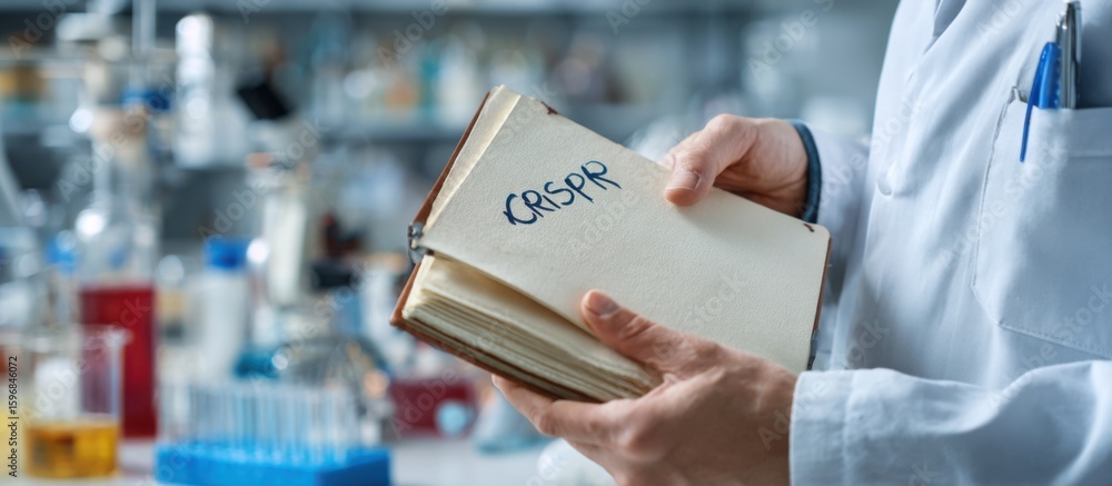 Aufkleber researcher holds a crispr notebook in a laboratory setting with various equipment in the background