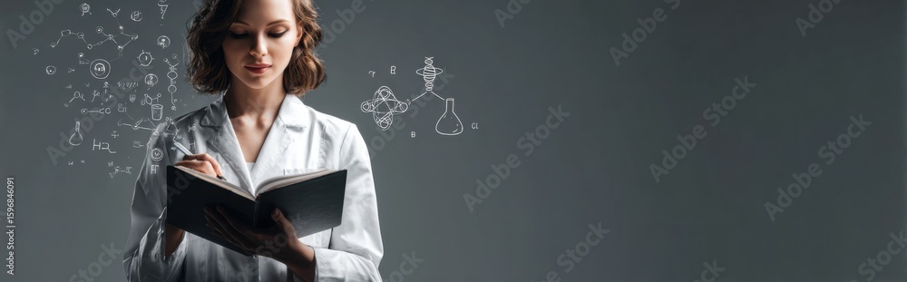 Poster scientist in a lab coat takes notes while surrounded by scientific illustrations on a gray backgroun