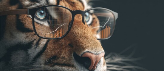 Tiger wearing glasses looks thoughtfully at financial charts and data in a digital environment