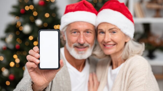 Happy mature family couple in santa hats holding smartphone in hands using cell phone mockup white blank screen for ads on Christmas tree background advertising mobile applications. Over shoulder vie - Powered by Adobe