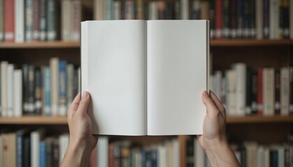 Person holds open book cover facing upwards. Individual stands on left side of frame in front of bookshelf with various books. Books arranged in random fashion. Light gray background provides neutral