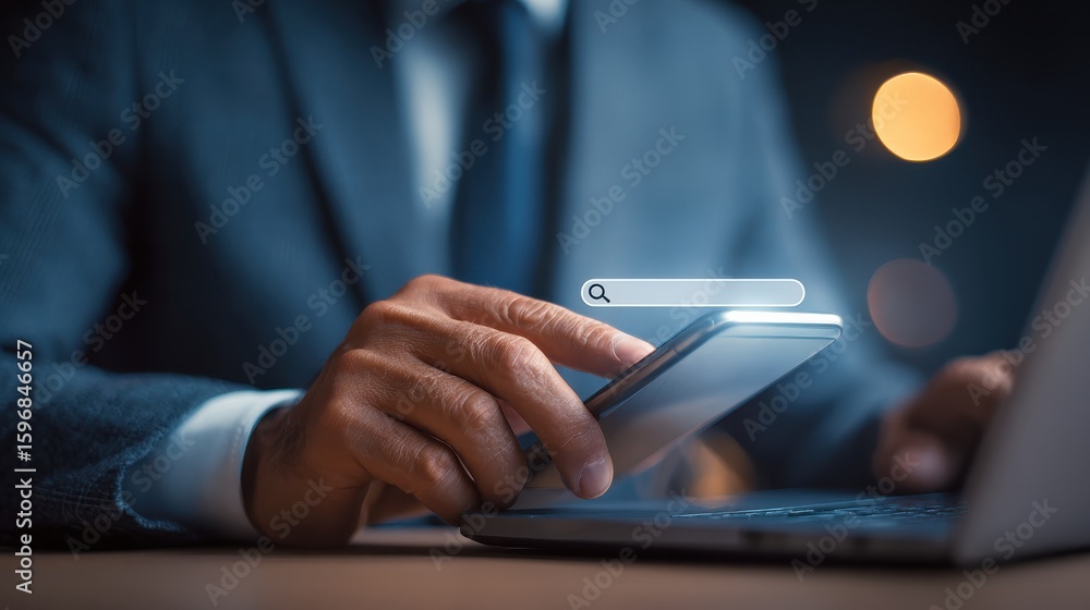Poster businessman uses search on phone with laptop for online information and data access in the digital a