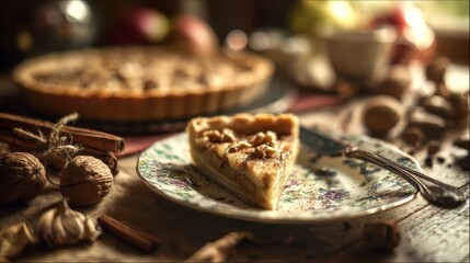 Apple cinnamon tart slice on vintage plate surrounded by walnuts and spices