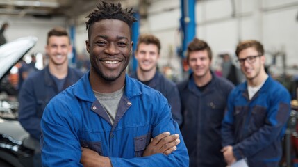 Mechanic with students studying automotive trade in college garage smiling at camera, no logos, no brands