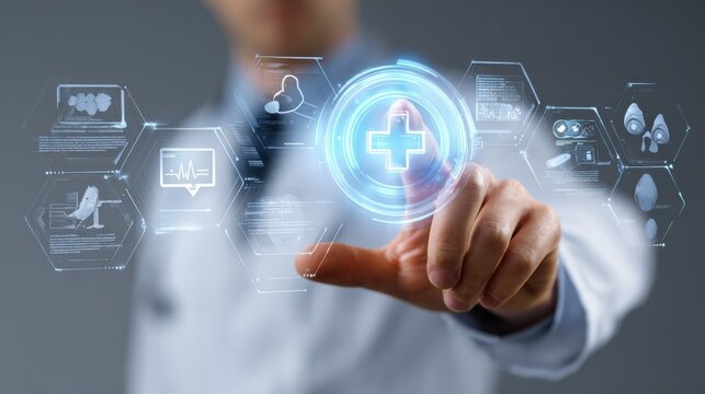 Medicine doctor hand working with modern computer interface as medical concept, no logos, no brands