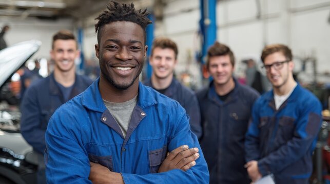 Mechanic with students studying automotive trade in college garage smiling at camera, no logos, no brands