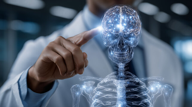 Futuristic doctor using digital touchscreen interface to analyze 3D brain and skeleton scan with glowing neural connections and holographic data medical technology, futuristic heal