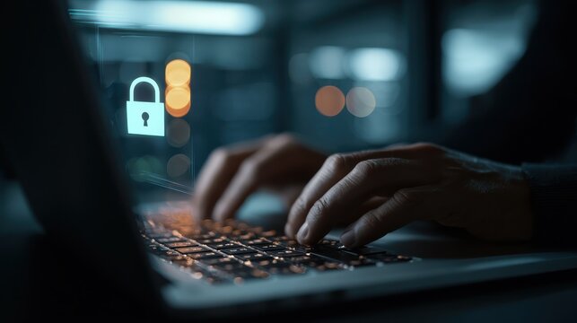 A person typing on a laptop in a server room, displaying a locked padlock symbol on the screen, indicating cybersecurity and data protection.