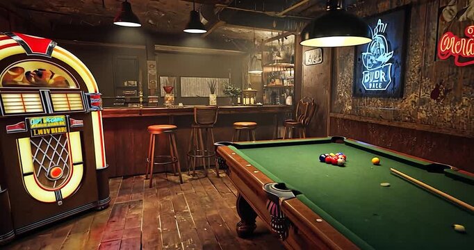 Nostalgic barroom interior with jukebox and pool table