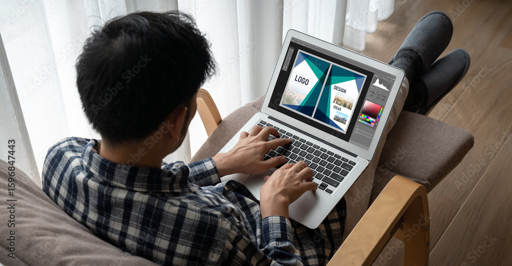 Poster graphic designer software for modern design of web page and commercial ads showing on the computer s