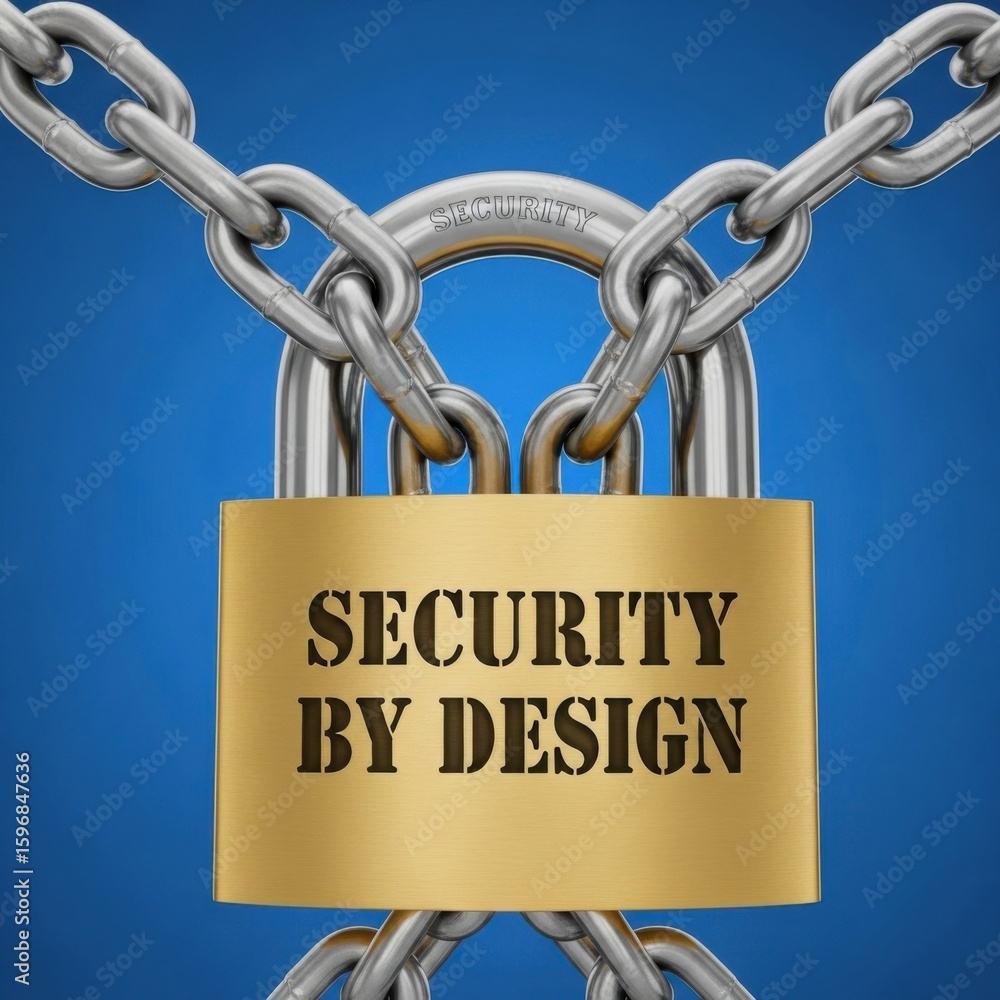 Poster golden padlock with security by design text secured by metal chains on blue background image