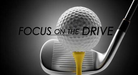 Golf ball and club with text F O C U S O N T H E D R I V E golf club yellow tee