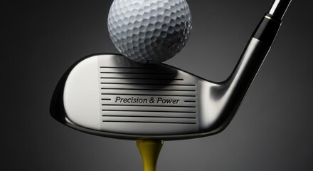 Golf club head with dimpled ball balanced on yellow tee golf ball sports equipment