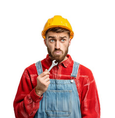 A confused laborer with a beard, wearing a yellow hard hat, red plaid shirt, and denim overalls, holds a small wrench and looks away with a puzzled expression.