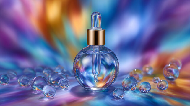 Close-up of serum dropper bottle with glossy reflections under colorful lights, modern beauty packaging serum dropper, skincare essentials, neon beauty, liquid bottle, reflective c