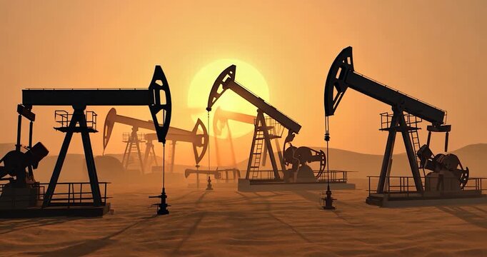 Oil pumps sunset desert landscape