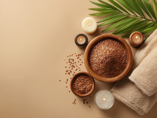 Flax seeds in two wooden bowls are surrounded by spa items, including candles, green palm leaves, and stacked towels, all on a warm, neutral background.