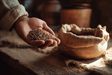 A rustic farmer's hand holds a handful of flax seeds, poised over a burlap sack filled with more seeds, evoking a sense of harvest.