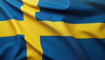 Close-up of Swedish flag waving with yellow and blue colors. National symbol with cross pattern in light gray background. Diagonal stripes and cross symbol.