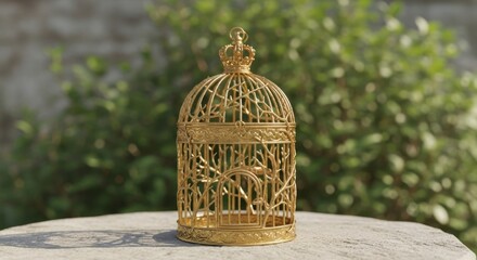 An ornate golden birdcage with a crown sits on a stone surface
