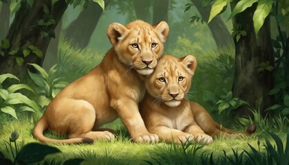 Obraz premium Two majestic lion cubs playfully interact in a rich green jungle. Gray lions with vibrant fur, surrounded by leafy foliage. Rich tropical forest background, blurred for focus on lions.