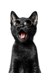 A stylish black cat wearing round sunglasses is captured mid-vocalization, with its mouth wide open and tongue visible, looking directly forward.