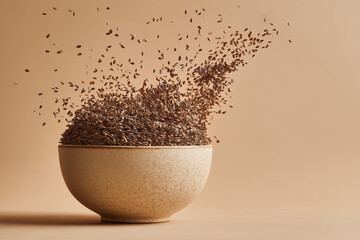Flax seeds are captured in slow motion, erupting dynamically from a ceramic bowl against a muted, monochromatic background.