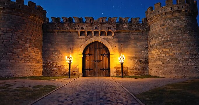 Old stone castle entrance at twilight