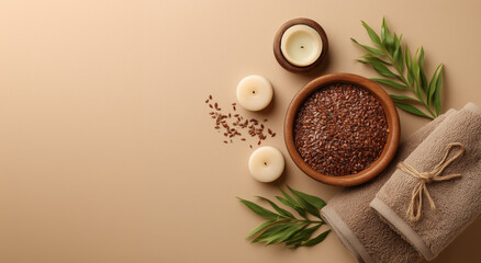 Flax seeds in a wooden bowl are surrounded by spa items, including candles, green leaves, and stacked towels, all on a warm, neutral background.