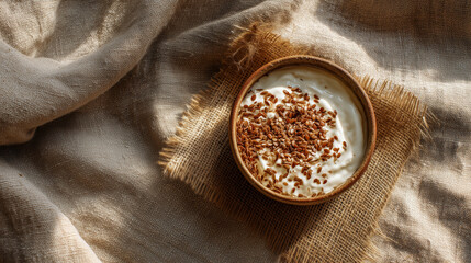 A ceramic bowl filled with flax seeds and yogurt rests on a rustic burlap cloth, illuminated by natural sunlight from the side.