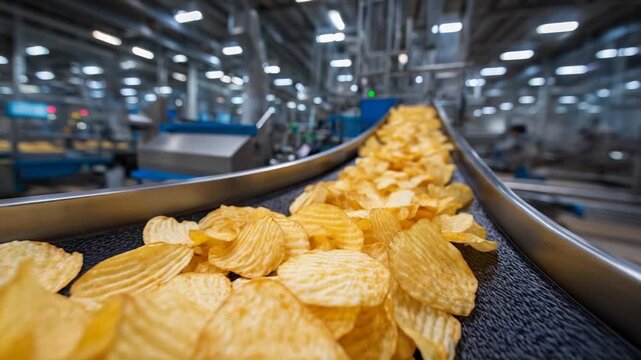 Golden potato chips glide seamlessly on a stainless steel conveyor, illuminated by ambient factory lighting amidst advanced food industry machinery.