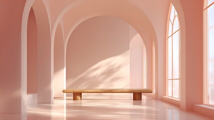 Fototapeta premium Minimalist hall features wood bench. Arches and light create calming mood. Great for architecture, design, lifestyle marketing, editorial use.