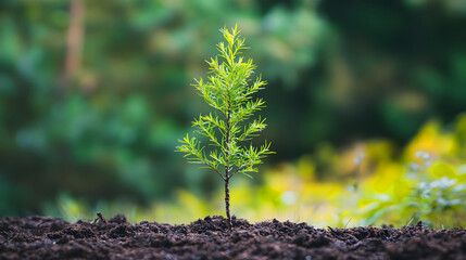 A young tree sapling growing in rich soil with a soft green background