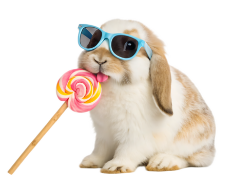 A bunny with sunglasses licking a lollipop, showcasing its adorable and playful summer style on black
