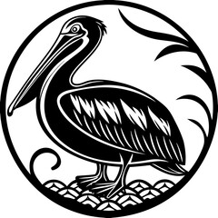 Vector art of a graceful pelican stands near water, depicted in a monochrome illustration
