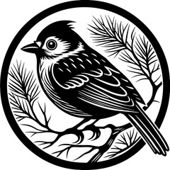 Vector art of a sparrow perches on a pine branch within a circular frame