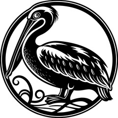 Vector art of a graceful pelican stands near water, depicted in a monochrome illustration
