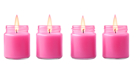 Four pink scented candles in glass jars with lit flames isolated on white background