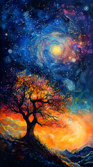 Fototapeta premium Enchanting painting of a cosmic tree illuminated by a swirling galaxy of stars and celestial light