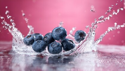 fresh blueberries in water splash against pink background