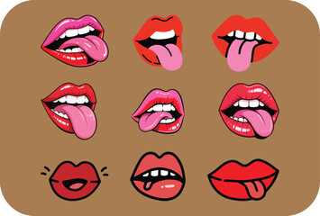 Vibrant collection of stylized lips with tongues sticking out in various expressive poses and bright colors