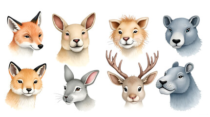 Cute Watercolor Animal Head Portraits Collection on White Background