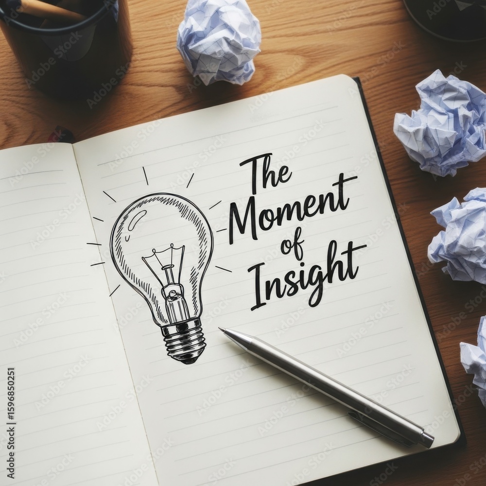 Poster hand drawn lightbulb and text the moment of insight on notebook page with pen and crumpled paper ide