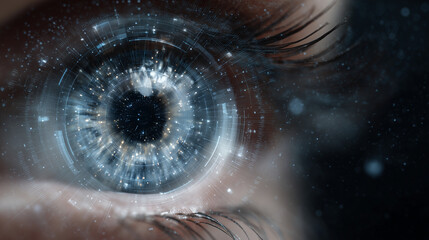Human eye enhanced with holographic interface showing digital data layers and scanning systems futuristic vision, holographic display, eye sensor, technology concept, virtual HUD,