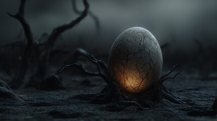 Mysterious glowing egg rooted in alien soil, surrounded by twisted branches. Sci-fi surreal concept with extraterrestrial vibes, perfect for dark fantasy or space-themed art.