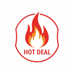 A graphic of a red and orange flame inside a red outlined shield with the words hot deal below it