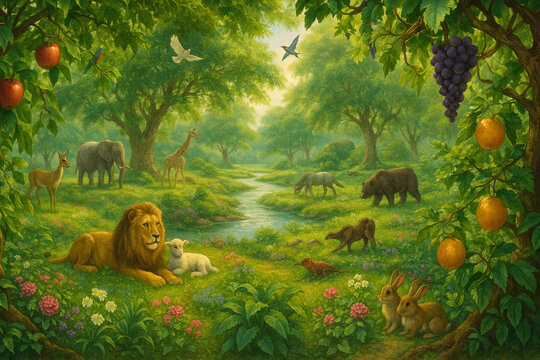 Garden of Eden Paradise.  A breathtaking, high-resolution digital painting portraying the Garden of Eden as described in the Bible. This 24-megapixel PNG image captures a serene, untouched paradise in