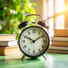 Naklejka premium Classic Black Alarm Clock on Green Table with Books and Natural Light.